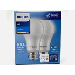 Philips A19 E26 (Medium) LED Bulb Daylight 100 Watt Equivalence 2 pk