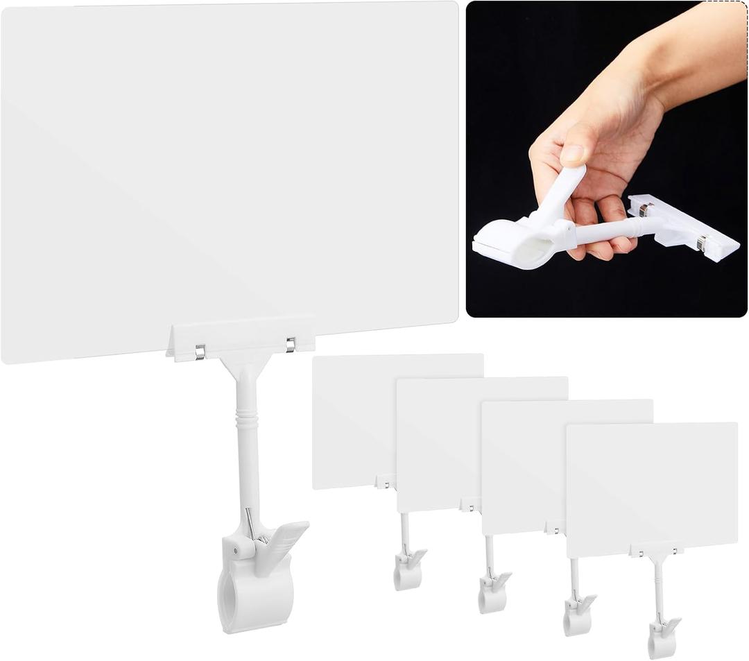 Suzile 4 Pcs 11 x 7 Inch Acrylic Sign Holder with Clamp Clip on Double Head Swivel Sign Rotating Price Holder Display White Erasable Merchandise Sign Display Clip for Supermarket Business Store