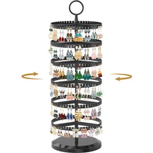 MODOWEY 6 Tier Rotating Earring Holder Organizer, Adjustable Metal and Plastic Stand Tree with 342 Groove for Stud Hoop Pierced Dangle Display, Decluttered, Space-Saving Storage Rack for Women, Black