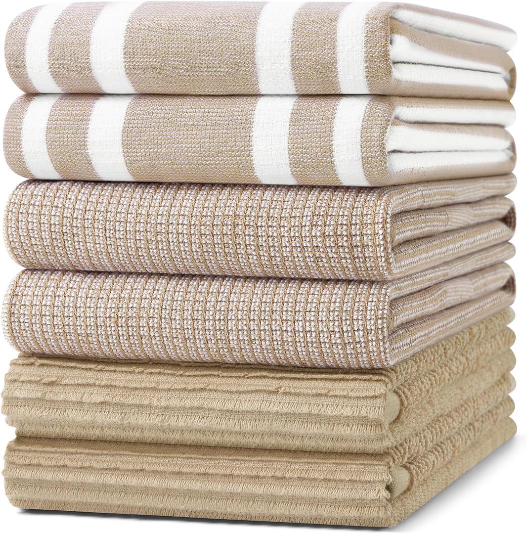 Homaxy Premium Kitchen Towels(18x 28, 6 Pack), Large Cotton 380 GSM Kitchen Hand Towels, Soft and Absorbent Terry Dish Towels, Multipurpose Tea Towel Set with Hanging Loop, Khaki