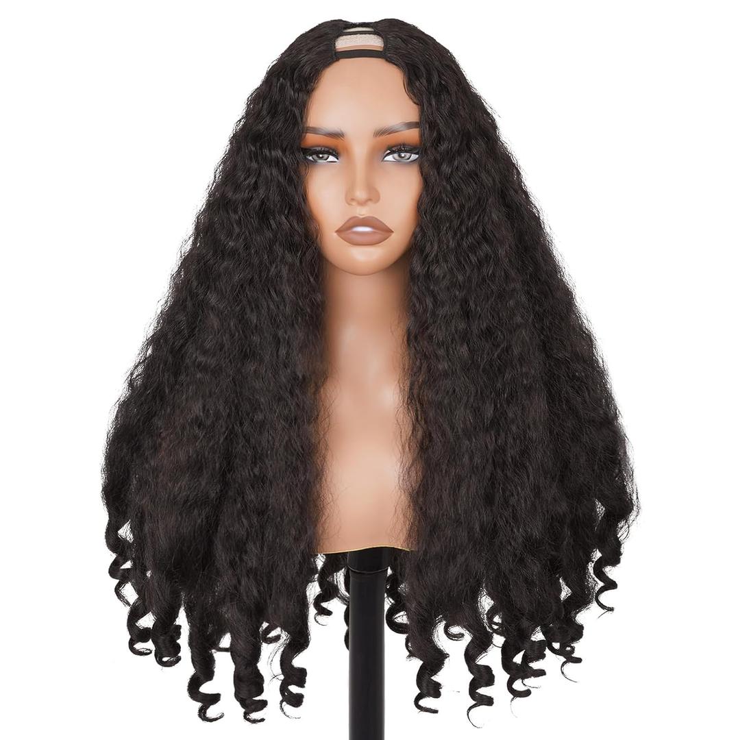 PREMPO Afro V Part Wig Kinky Curly Wigs for Black Women, 180% Density Synthetic Kinky Curly Clip in Half Wig with Bouncy Curls (Natural Black #2, 22 Inch)