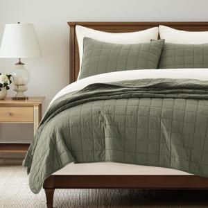 EVERGRACEHOME 100% Cotton Box Stitch Quilt Bedding Set King Size 3 Pieces, Garment-Washed Lightweight Soft Cozy Coverlet, Oversized Quilted Bedspread Sets with 2 Shams for All Season, Olive Green