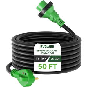 RVGUARD 30 Amp 50 Foot RV Power Cord with Reverse Polarity Indicator, Heavy Duty STW Cord with Cord Organizer, 30 Amp Male Standard to 30 Amp Female Locking Connector, Green, ETL Listed