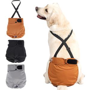 Avont 3 Pack Washable Female Dog Diaper with 1 Suspender, Reusable Girl Doggie Underwear Pants for Heat Cycle Period Incontinence Detachable Strap -Brown/Black/Grey M