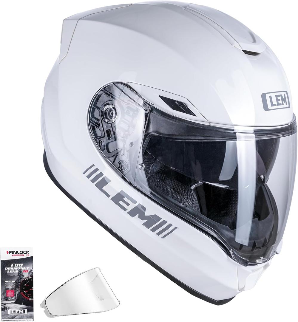LEM Motorcycle Helmets Full Face, Helmets for Men DOT Certified, PINLOCK & DVS Dual Vision, Motorcycle Street Bike Helmet for Adults Fiberglass Shell Bluetooth Ready for Cruiser(White, Size M)