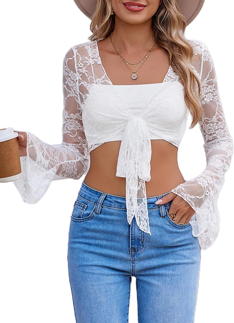 Avidlove Womens Crop Cardigan Lace Shrug Bell Sleeve Tie Front Top Y2K Sexy Sheer Bolero Going Out Outfits S-XXL (Large, White)