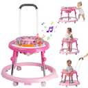 Baby Walker, Activity Center with Feeding Tray & Music, 9-Gear Height Adjustable Foldable Baby Walker for Boys and Girls from 6-18 Months with Push Handle, Footrest, Mute Wheels Anti-Rollover (Rose pink)