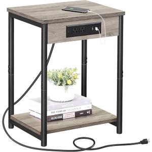 TUTOTAK End Table with Charging Station, Side Table with 2 USB Ports and 2 Outlets, 21.8H 2-Tier Nightstand with Storage Shelf, Sofa Table TB01BG025 (1 pc) (Greige)