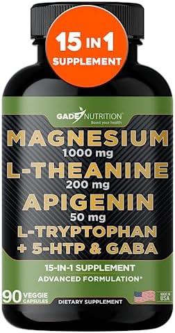 Gade Nutrition Magnesium Glycinate & Magnesium Supplements with Apigenin, L-Theanine 200 mg, 5 HTP, GABA Calm Brain Booster Supplement Sleep Aid Ashwagandha L Tryptophan Chamomile, BBD: 12/2028