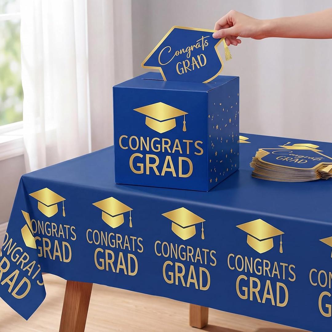 2 x Tenceur Navy Blue and Gold Graduation Party Decorations Set 2026 Graduation Card Box Tablecloth and 50 Pack Advice Cards for Guests Welcome Table Graduate Party Favors Decor Supplies Gifts
