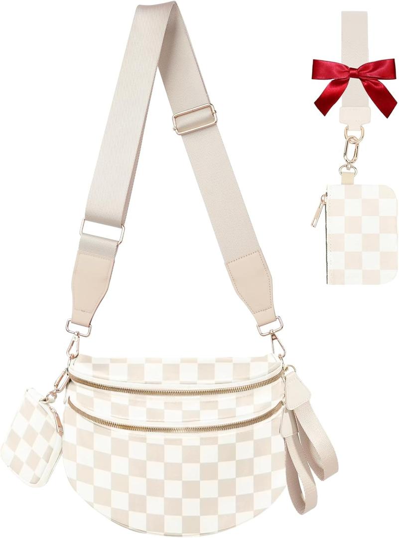Cross Body Bag for Women Checkered Crossbody Bags Bum Bag for Women Fanny Packs for Girls Small Nylon Checkered Purse Trendy Shoulder Pouch for Womens (Checkered Beige, One Size)