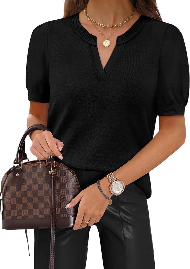 WIHOLL Short Sleeve Sweater Tops 2026 Spring Summer Trendy Knit Business Casual Essential V Neck Sweaters (Black, L)