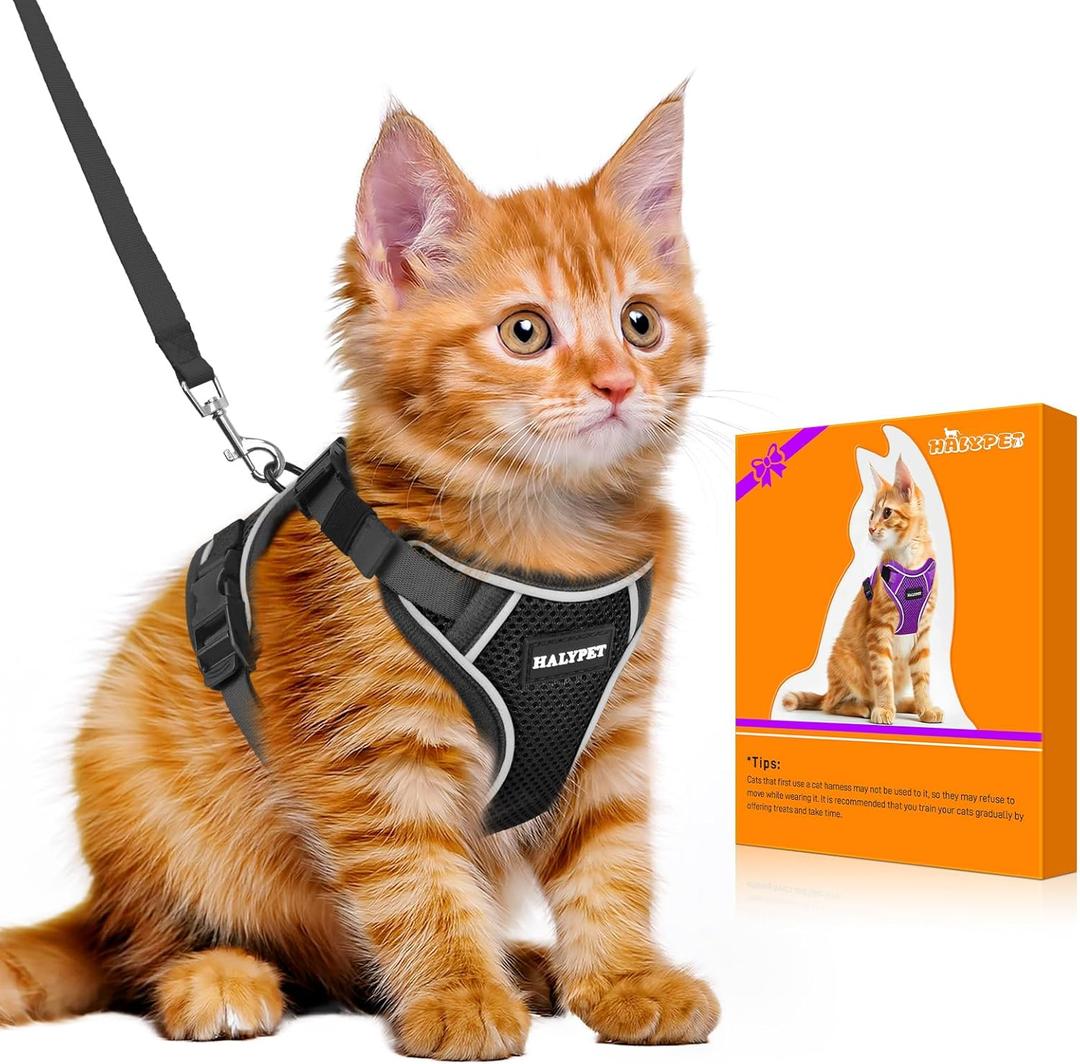 Halypet Cat Harness and Leash Set - MAX Safety 4th-Gen Upgrade, Escape Proof, Adjustable, Comfortable Soft Vest, Easy to Wear Kitten Harness with Reflective Strip for Cats Walking - Small Black (Small (7-12lb))