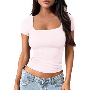 Trendy Queen Tshirts Shirts for Women Double Lined Going Out Crop Tops 2025 Spring Summer Workout Y2k Clothes Beach Fashion (Small, Pink)