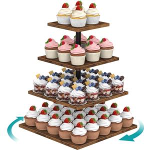 ELITEROO 4 Tier Cupcake Stand, 360 Rotating Cupcake Stand for 50 Cupcakes, Square Tiered Cup Cake Tower Holder, Wooden Dessert Display Stands for Party Wedding Graduation Birthday Baby Shower