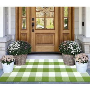 2x4 Outdoor Rug,Green and White Buffalo Plaid Rug Cotton Woven Machine Washable Outdoor Front Door Mat for Indoor Outdoor Front Porch,Entryway,Entrance