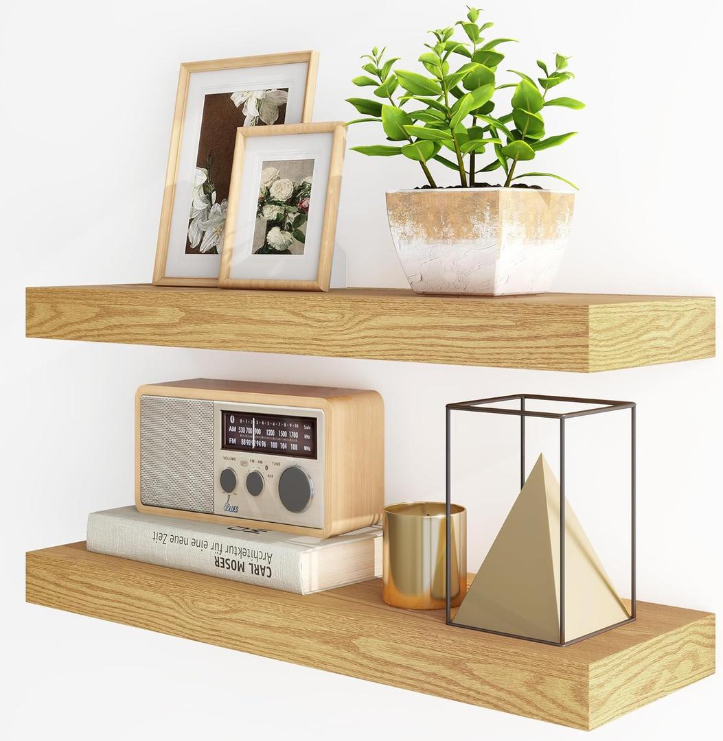 Fun Memories Floating Shelves for Wall, 24Inch Floating Shelves Set of 2, Hanging Shelf with Invisible Brackets, Wood Shelves for Living Room, Bedroom, Kitchen, Oak