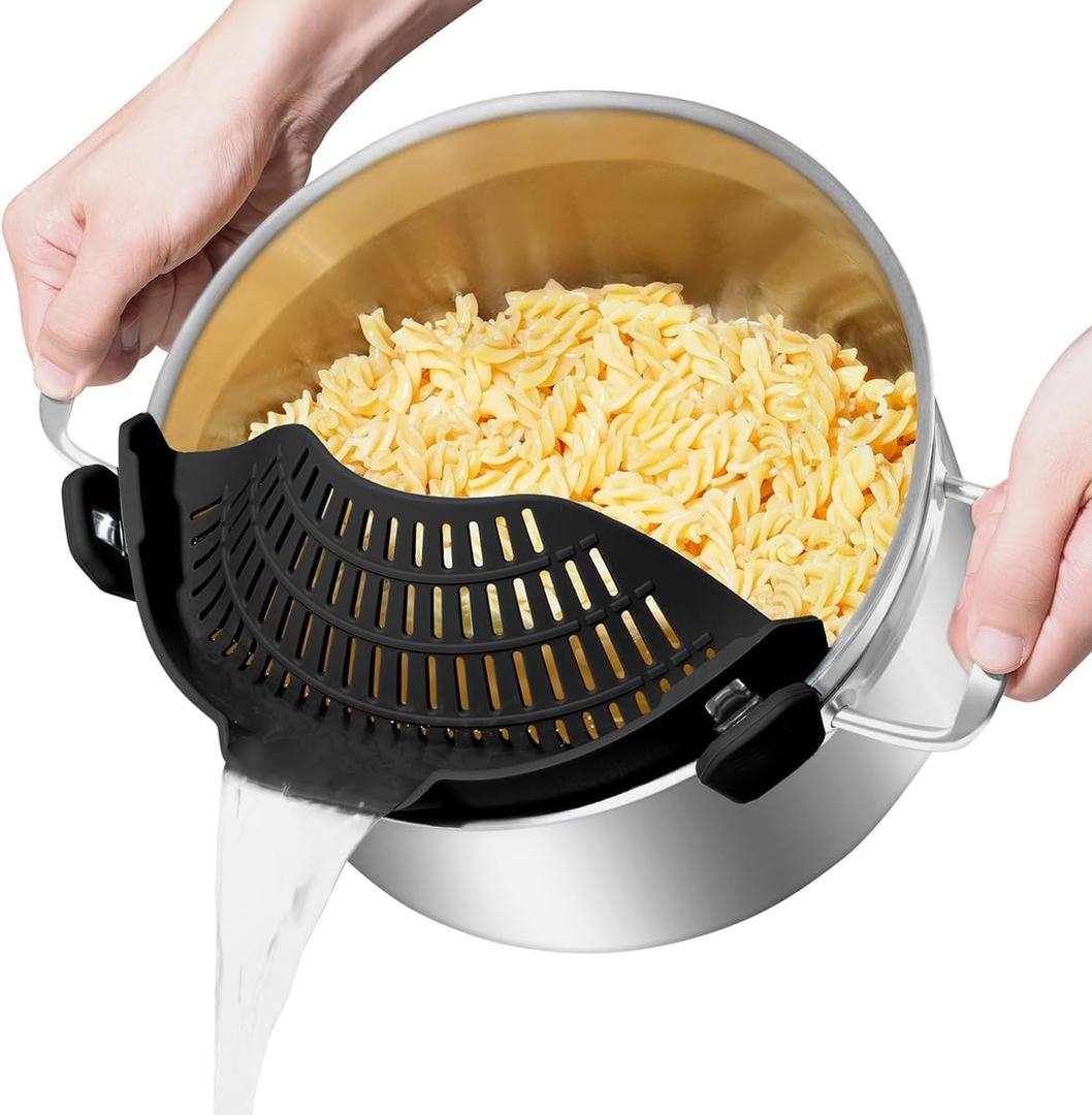 Large AUOON Clip on Strainer for All Pots and Pans - Oversized Silicone Pot Strainer Family-Style Design Pasta Strainer Kitchen Colander for Spaghetti and Noodles | Dishwasher Safe (Large 10.45 x 4.33 in, Black)