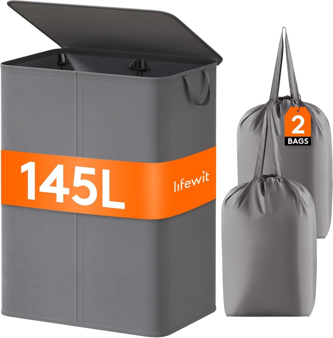 Lifewit 145L Laundry Basket with Lid, Large Double Laundry Hamper 2 Section Dirty Clothes Hamper for Bedroom with 2 Removable Laundry Bags, Grey (Gray)