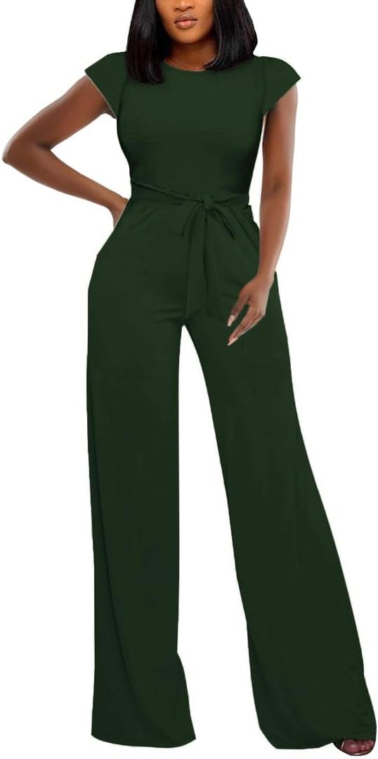 BessCops One Piece Jumpsuits for Women Dressy 2026 Cap Sleeve Crewneck Wide Leg Pants Rompers Casual Outfits (M)