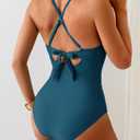 Aidonger Women's One Piece Swimsuit Tummy Control Petal Cutout Bathing Suit Modest Scalloped V Neck Swimwear Peacock Blue, L