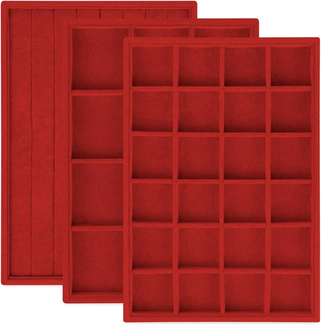 Rocutus Jewelry Trays,3 Pack Stackable Velvet Jewelry Organizer Tray Drawer Jewelry Storage Tray,Divided Ring Organizer Tray for Earrings, Necklaces, Bracelets,13.8"x9.5"x1.2" (Red)