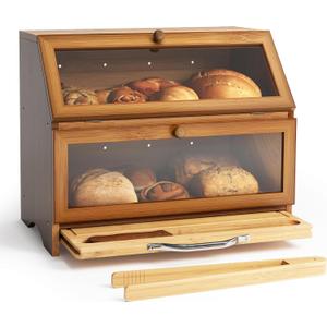 MAISONPEX Double Layer Bamboo Bread Box for Kitchen Countertop, Large Capacity, Cutting Board, Stainless Steel Bread Knife, Double Layer Storage Container with Clear Windows, Walnut