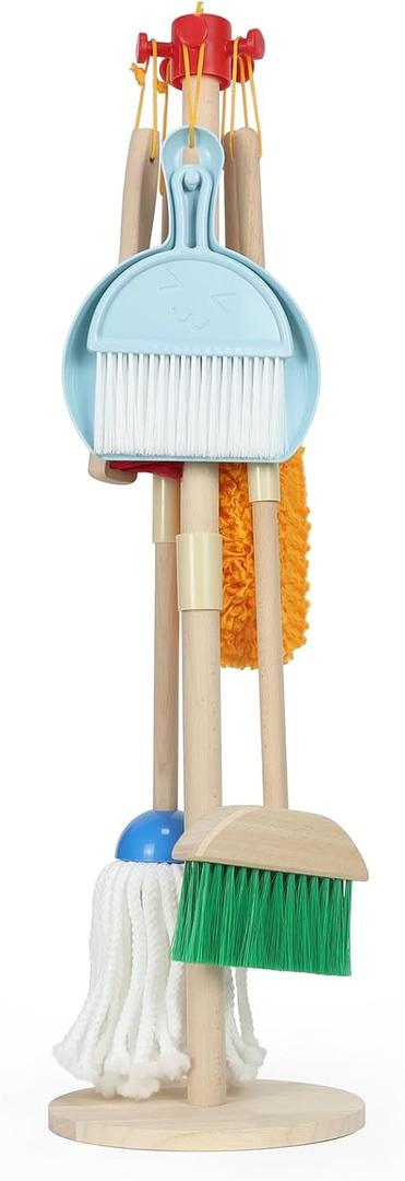 Kids Cleaning Set Wooden  Pretend Play Housekeeping Kit with Broom, Mop, Duster, Dustpan, Brushes, Rag & Stand  Montessori Cleaning Toys Gift for Toddlers Age 3-6