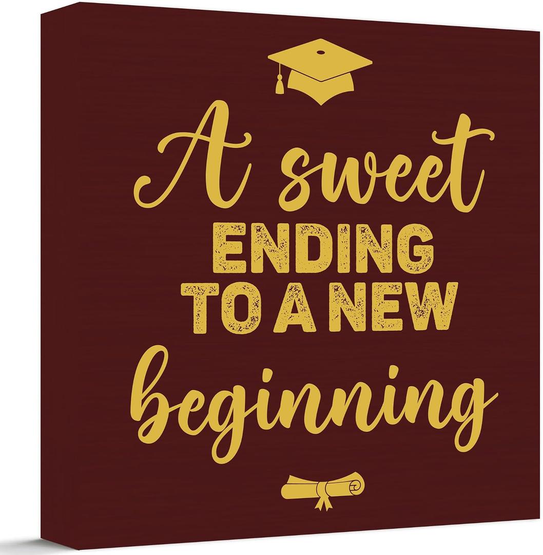 2026 Graduation Wood Box Sign for Graduate Gifts, Positive Quote A Sweet Ending to a New Beginning Wooden Box Block Sign for Grad Party Favors Supplies Tabletop Home, Maroon