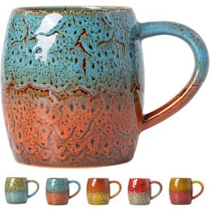 Handmade 22oz Ceramic Coffee Mug, Ergonomic Large Handle, Ideal Gift for Coffee Lovers, Microwave & Dishwasher Safe (Bas-Relief - Blue&Orange) Mothers Day Gift