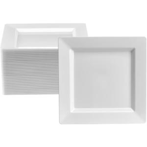 Oasis Creations White Square Plates Set 7.25" - 50 count - Premium Hard White Plastic - Disposable and Reusable Salad Appetizer Dessert - Party Set