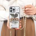 Compatible with iPhone 14 Pro Bling Case with Pearl Crossbody Chain Glitter Love Heart Diamond Rhinestones Floral for Girly Women Soft TPU Bumper Full Camera Lens Protector Cover, White