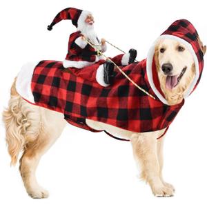 CooShou Dog Christmas Santa Claus Riding Pet Winter Plaid Hoodie Coat for Dog Cat Holiday Outfit Xmas Clothes XL