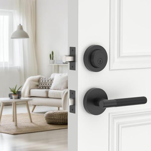 Amerdeco Front Door Lock Set with Double Cylinder Deadbolt, Black Exterior Entry Door Lever, Heavy Duty Entry Door Locksets for Left or Right Hand Exterior Door (Black 1 Pack）