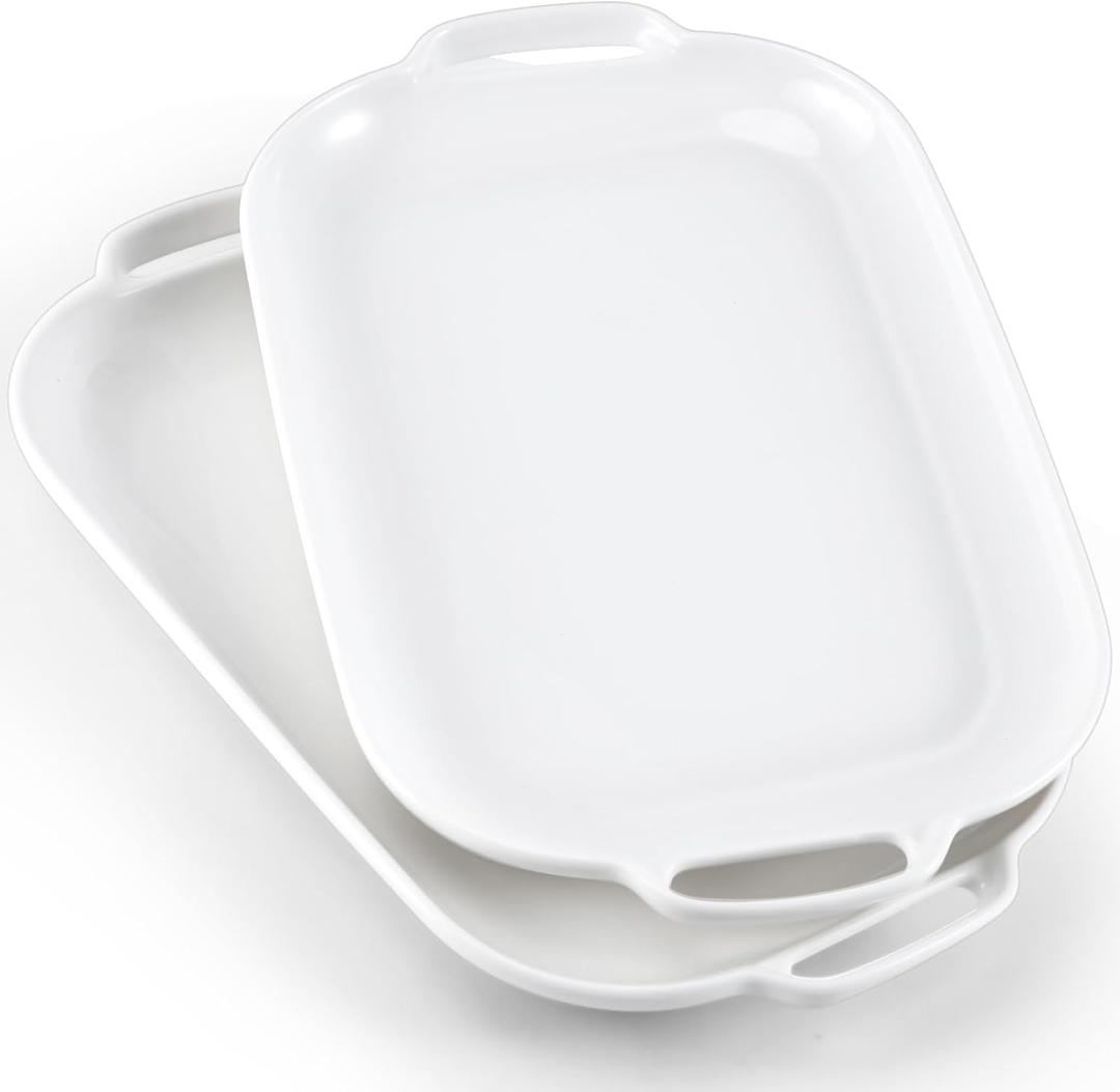 Ceramic Serving Tray with Handles, 12 Inch Large Platters,Rectangle Serving Platters,Porcelain White Plates for Food, Dessert, Fruit, Party Entertaining, Set of 2