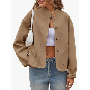 Tankaneo Womens Short Pea Coats Oversized Long Sleeve Button Down Casual Bomber Jackets with Pockets, Size M 