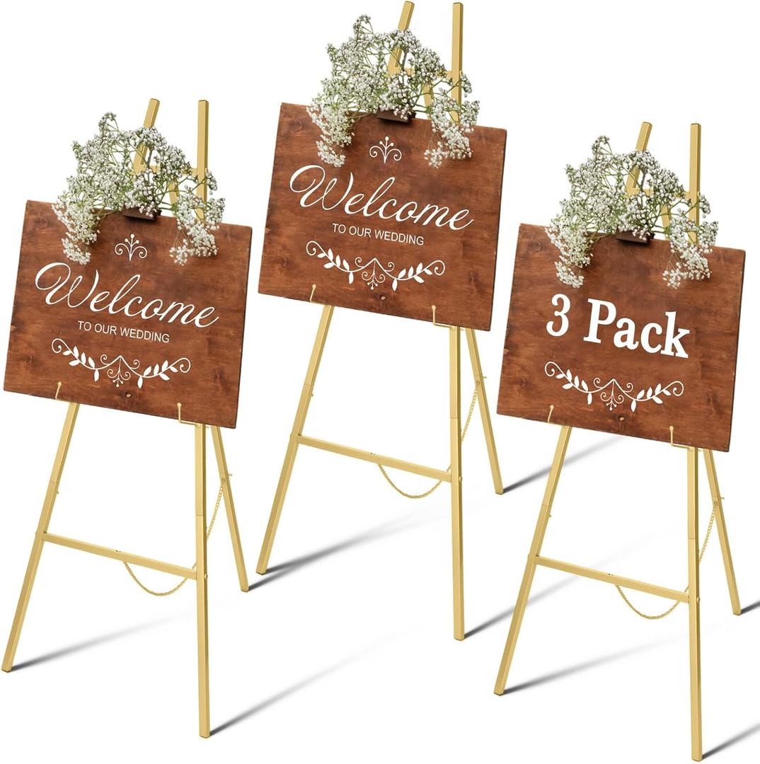 Yuntau 3 Pieces Gold Metal Easel Stand for Sign, 50 Inch Display Stand Adjustable 3 Tier Easel for Wedding Sign, Posters, Paintings, Exhibition