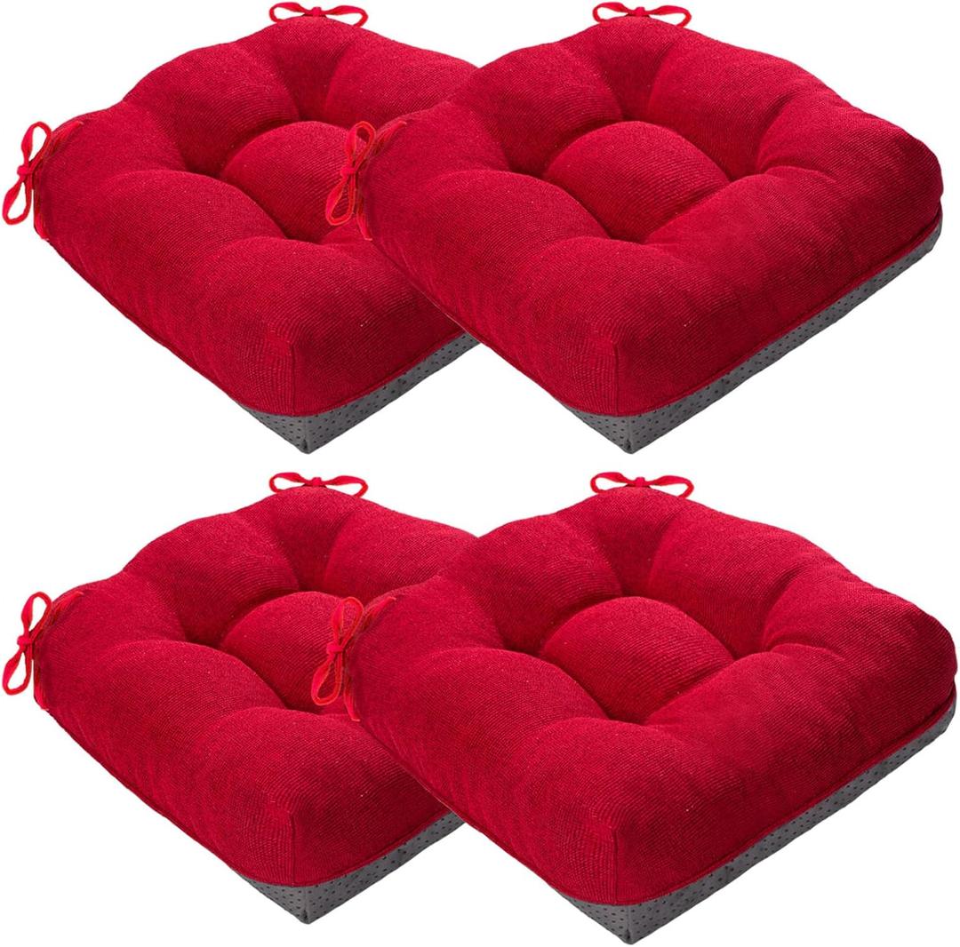MAGIC ELEPHANT Chair Cushions for Dining Chair, Shredded Memory Foam Kitchen Chair Cushions Set of 4, Non-Slip Thick Dinning Room Chair Pads Seat Cushions, 15.5" x 15.5" x 4" (Red)