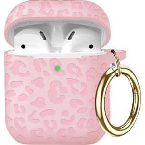 Compatible with Airpods Case Leopard Engraved Skin Cover Compatible with Airpods 2nd/1st Charging Case,Cute Soft Silicone Full Protective, Front LED Visible, Pink