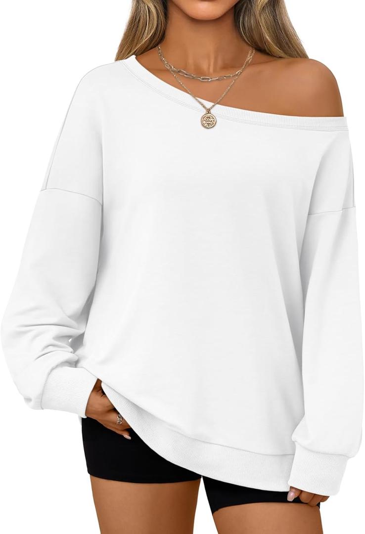 AUTOMET Women Off the Shoulder Sweatshirt Oversized Tops Fall Outfits 2026 Y2k Clothes Fashion Clothing Trendy Top (White, L)