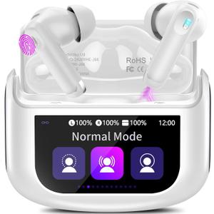 Wireless Earbuds, Bluetooth 5.4 Headphones with Multifunctional Touch Screen, 48H Bass Stereo Ear Buds with ANC/ENC Noise Cancelling/Transparency Mode, IPX7 Earphones with 5 EQ Modes, Milky White