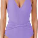 BCA by Rebecca Virtue Women's Standard Tori One Piece Swimsuit, Plunge Neck, Twist-Front Waist, Bathing Suits (Lilac, Small)