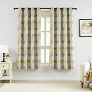 Full Blackout Curtains 63 Inches Long 2 Panels Gray Yellow Moroccan Geo Lattice Drapes Room Darkening Thermal Insulated Noise Reducing Grommet Top Window Treatments Sets for Bedroom, 52" W