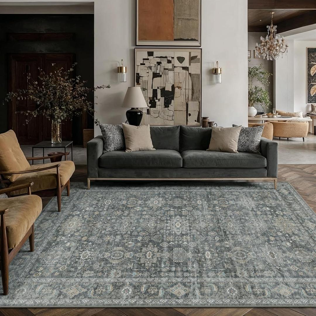 5x7 Washable Area Rug for Living Room Bedroom Vintage Black Grey Soft Low Pile Carpet Traditional Retro Non Slip Throw Rug for Dining Room Entryway Indoor Dorm Kitchen