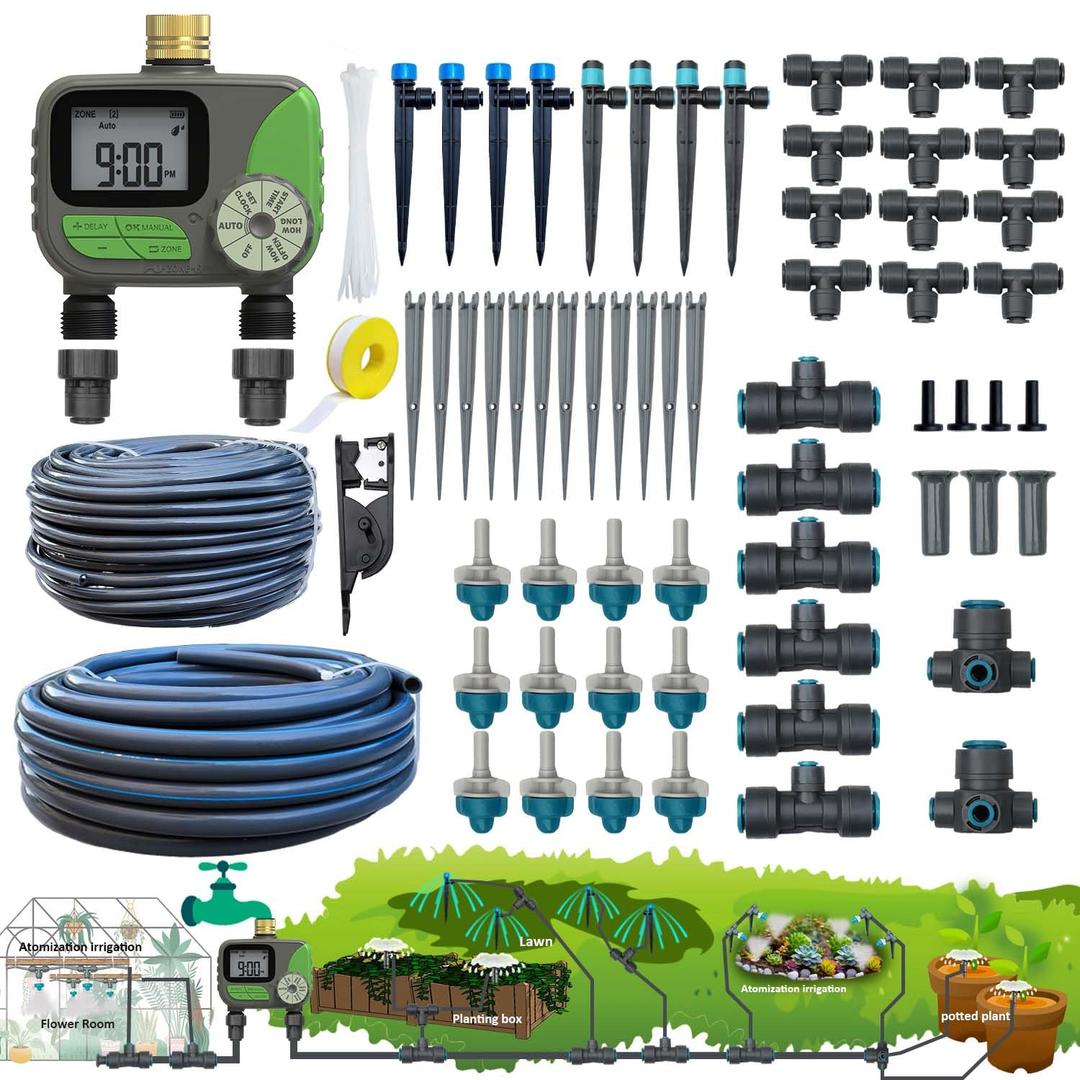 Drip Irrigation System with Water Timer(Dual System) Plug-in Quick Connection Drip Irrigation Kit 5/16“ID and 1/4 Inch Pipe Auto Watering System for Garden Spray, Greenhouse, Lawn, Potted Plants, TIMER1