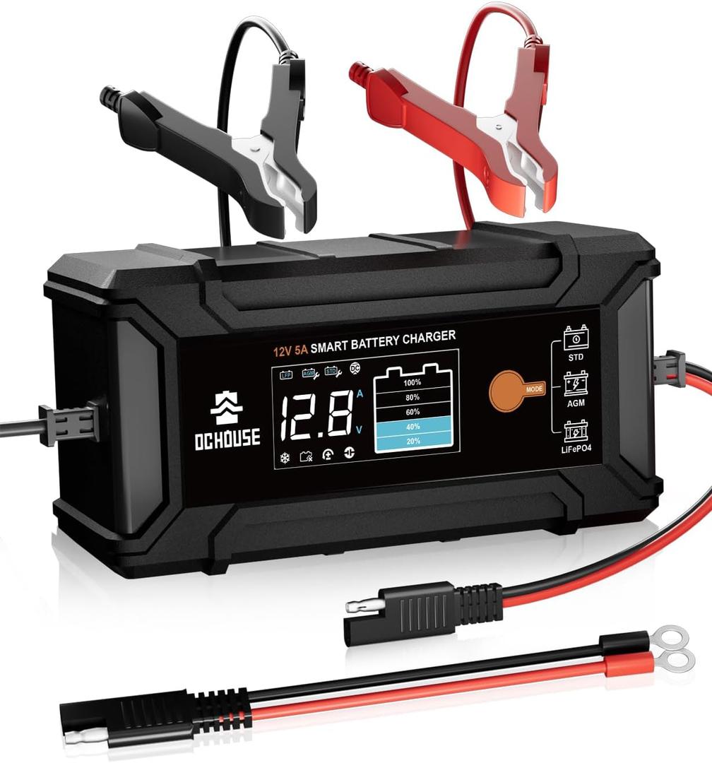 DC HOUSE 12V 5A Battery Charger, Smart LiFePO4 & Lead Acid Charger, Trickle Charger Maintainer & Desulfator for Car, Motorcycle, Automotive Batteries