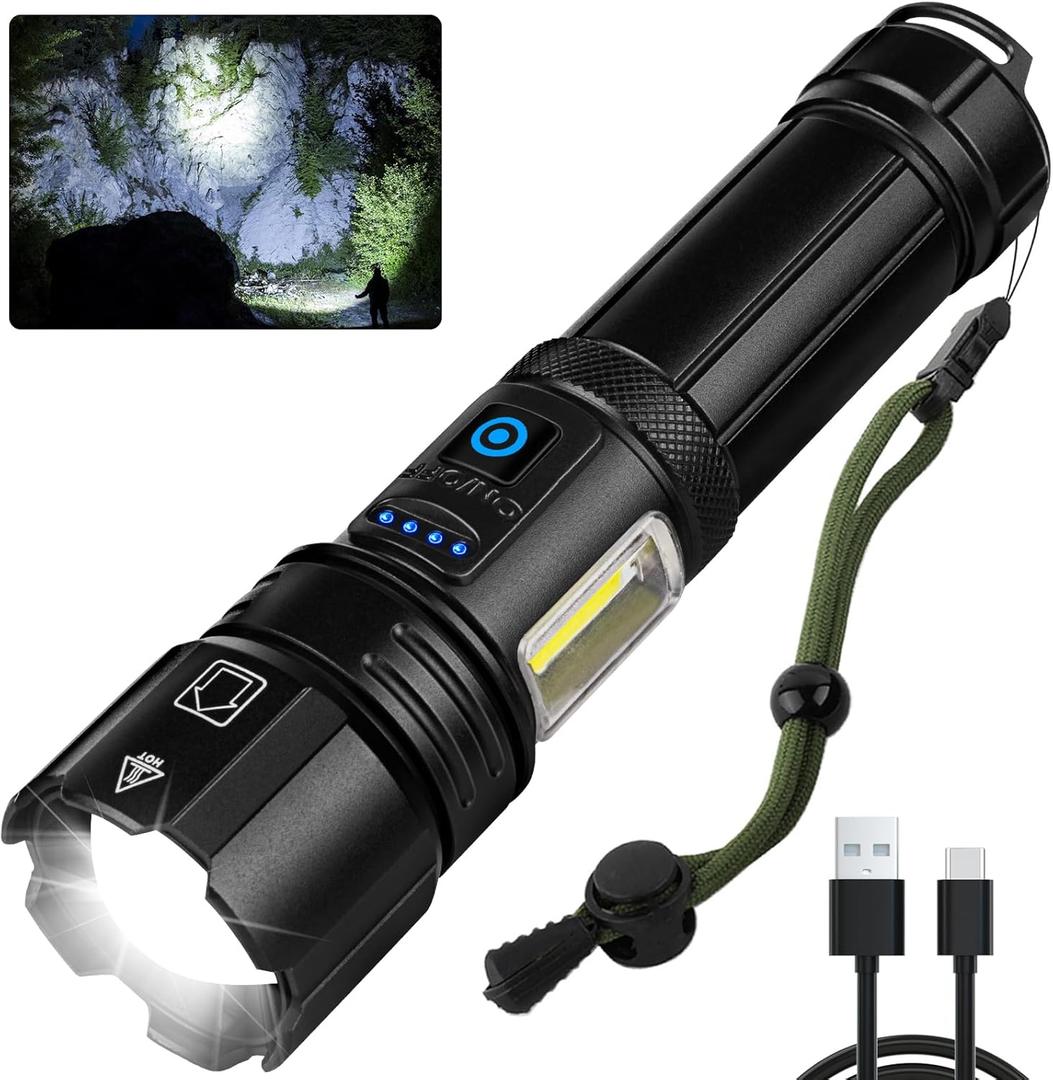 KINGCAESAR Flashlights High Lumens Rechargeable - 90,000 Lumens, Super Bright Flash Light with 5 Modes, IPX7 Waterproof Powerful LED Flashlight for Home, Outdoor Activities (Black)