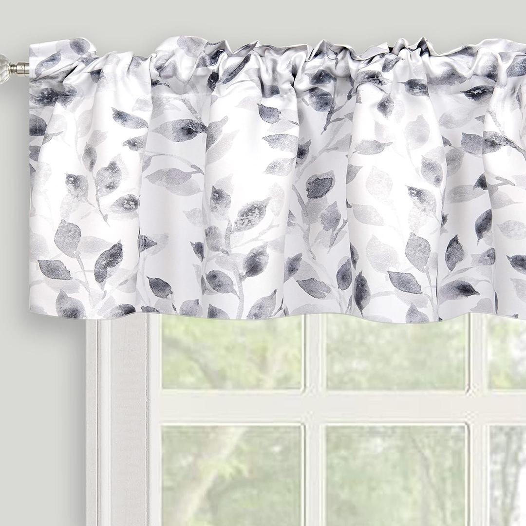 Gray and White Floral Printed Valance for Windows, Short Curtains Valances Rod Pocket for Kitchen Bathroom Cafe Living Room 52 x 14 Inches, Gray (Grey)