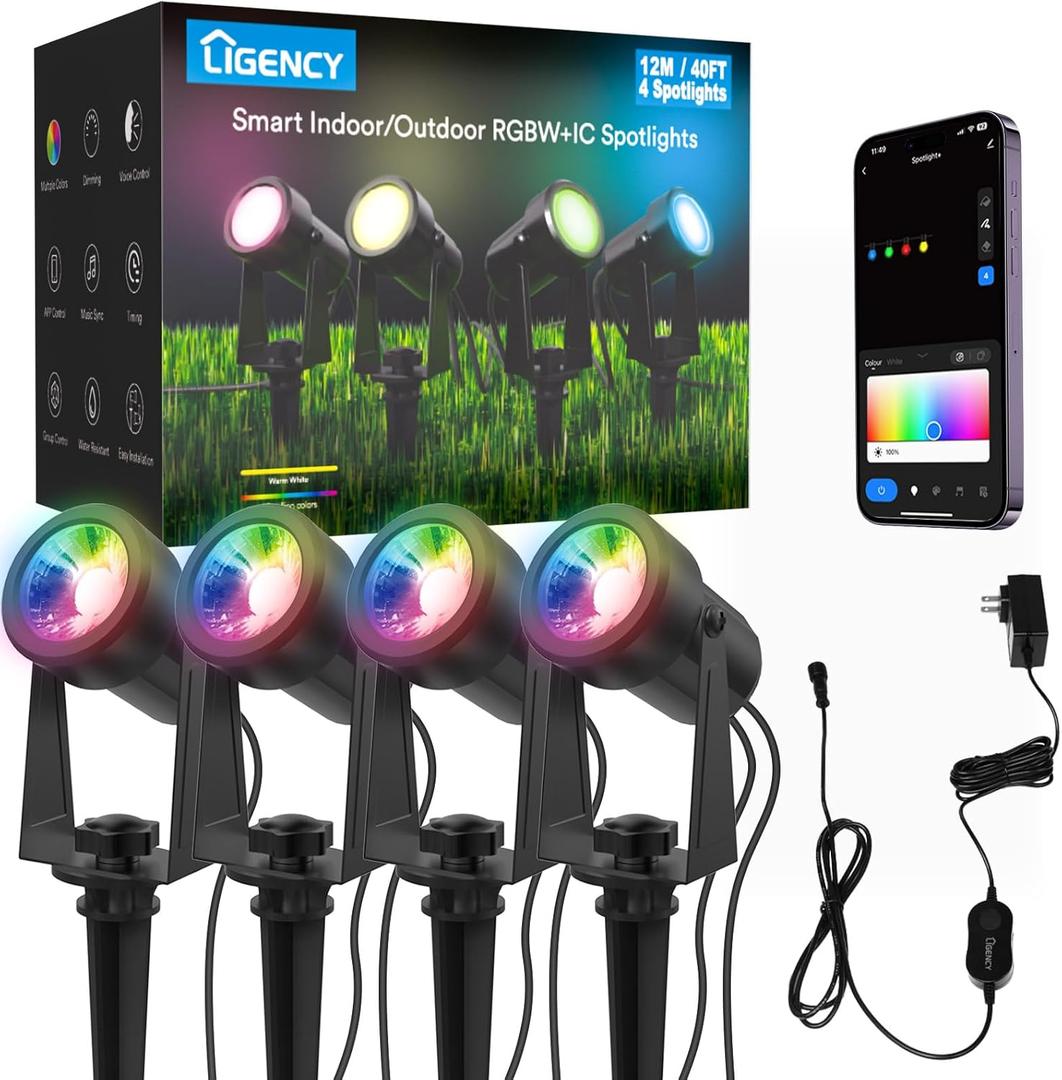 Smart Outdoor Landscape Lights 4 Pack  40Ft RGBW Color Changing LED Spotlights, IP65 Waterproof, 12V Low Voltage 12W 1200LM, App & Voice Control for Outdoor Garden Yard Decoration
