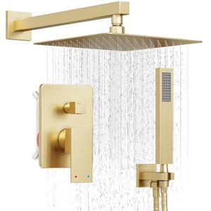 HoliSpa Gold Shower System, Shower Faucet Set with 10-Inch Rain Showerhead and Handheld Spray, Wall Mounted High-Pressure Showerhead Combo Set Included Valve and Trim, Brushed Gold